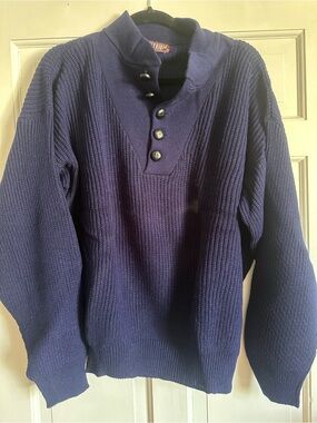 Vintage Atrium USA Made Rib Knit Henley Sweater Navy Blue Size Large